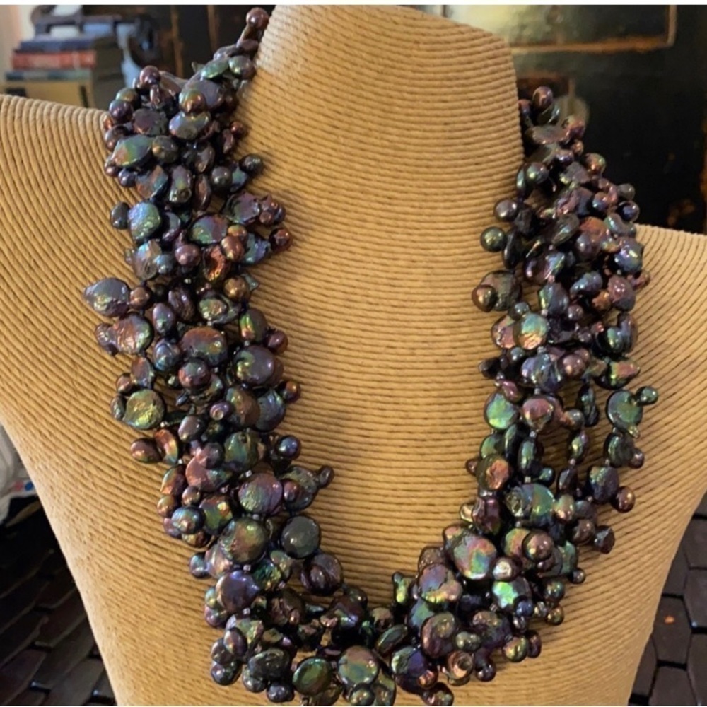 Peacock Keishi Pearl Necklace multi strand sterling clasp